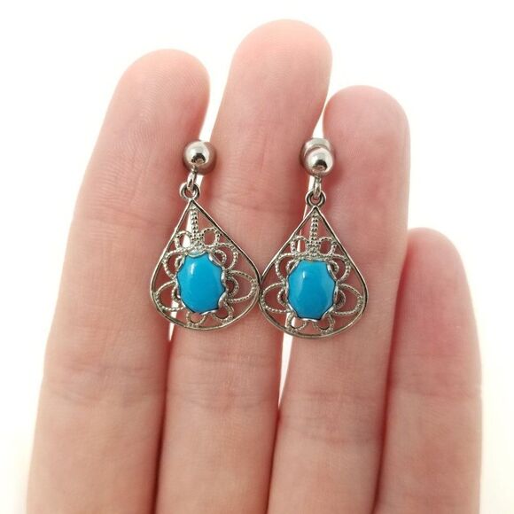 Vintage Blue Cabochon and Silver Tone Filigree Dangle Post Earrings, Estate - Picture 6 of 6